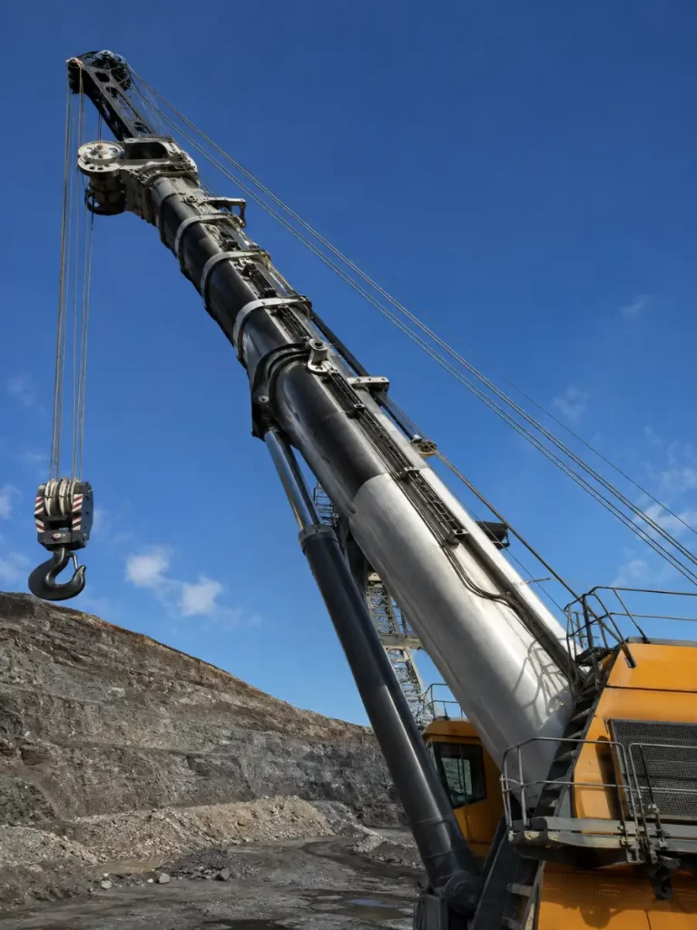 Pluma telescópica de gran alcance operando en proyecto de minería e infraestructura