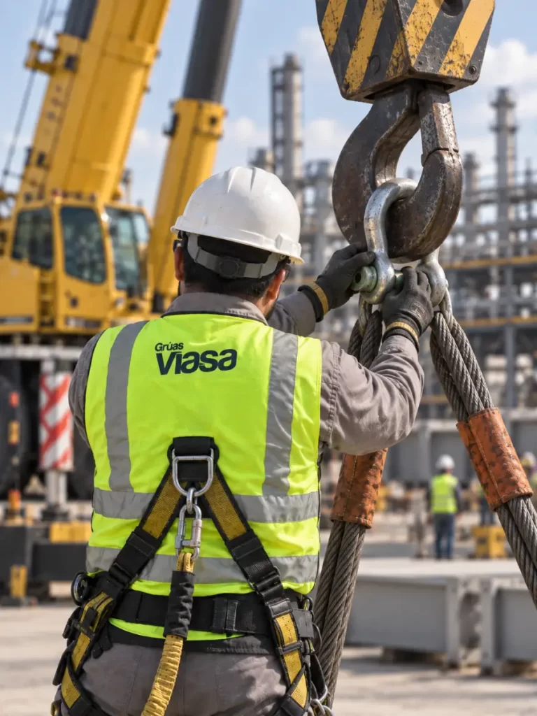 Rigger certificado supervisando el enganche de seguridad y eslingas de carga en una grúa telescópica de Grúas Viasa.
