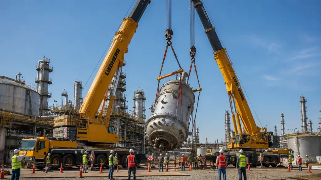 Servicio de izaje de carga pesada y maniobras industriales en refinerías y plantas